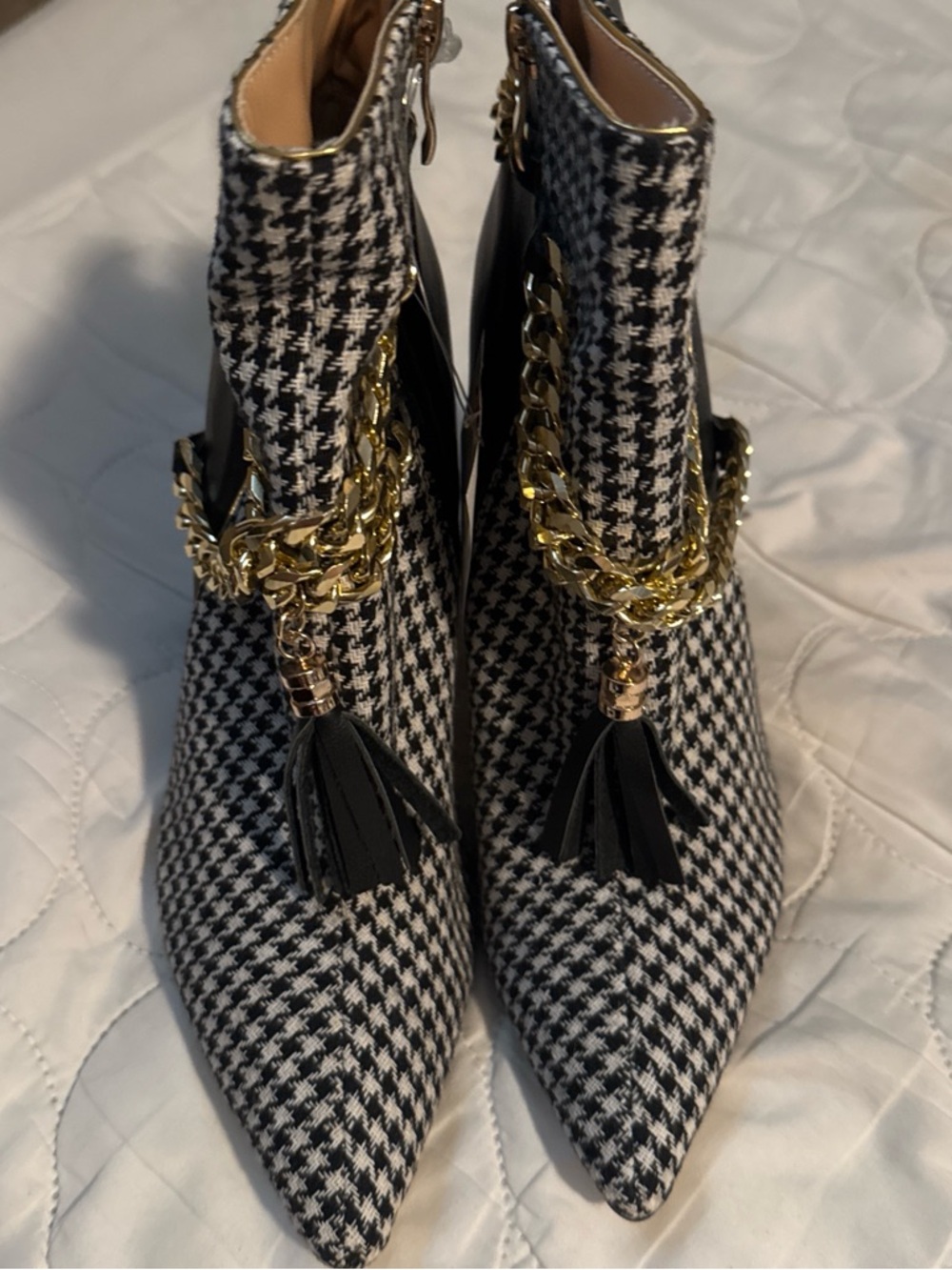 Pointed Houndstooth Ankle Booties with Gold Chain & Tassel